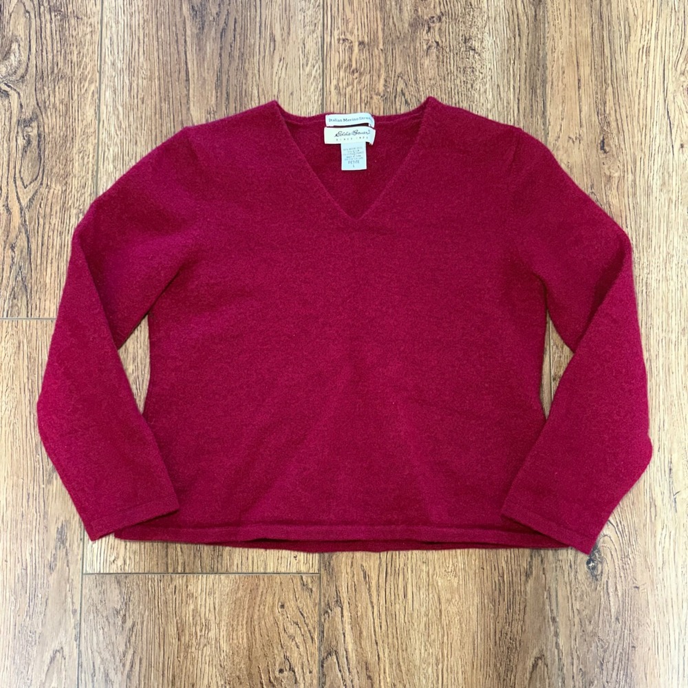 90s Eddie Bauer Italian Merino Stretch V-Neck Sweater‎ Red Womens Petite Large